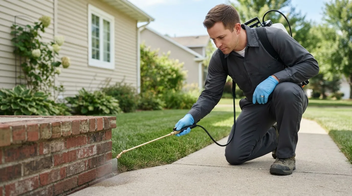 Pest control technician treating a home near Harvey, IA