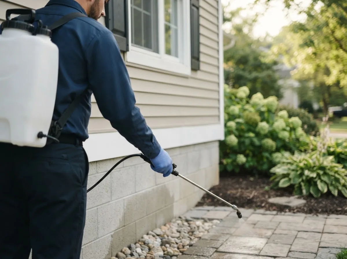 Pest control technician inspecting a home in Harvey, IA